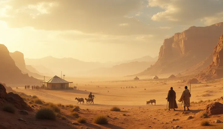 A dry and barren landscape in Canaan. Abrahams camp stands in the distance, surrounded by tents, flocks, and servants.