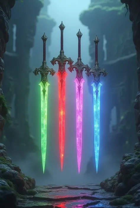 Four swords up green red purple and temple blue