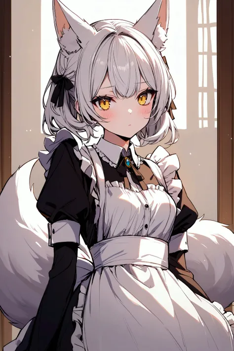 Beautiful, fox girl, maid, white hair, yellow eyes, 