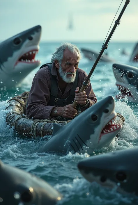 Sharks surrounding a raft where an old man is fishing and caught a big fish