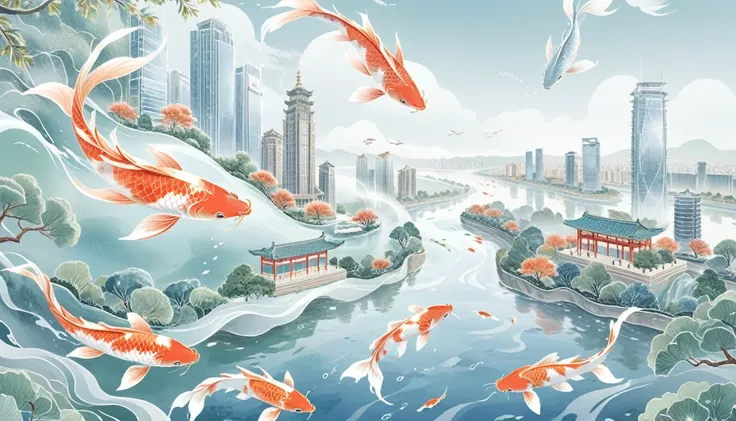 birds-eye view，one koi carp swim freely in the sky，many modern high-rise buildings，overlooking the whole city of jinan，national ...