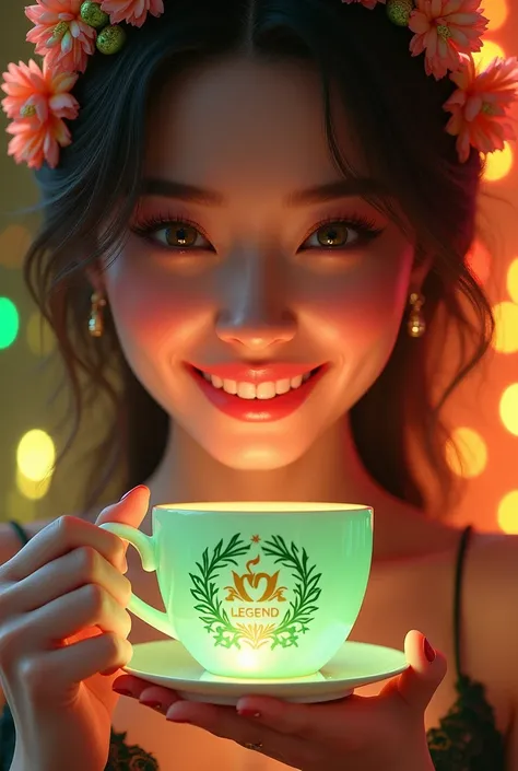 Super realistic super detailed, close up of an extremely beautiful woman with a jade crystal coffee cup embossed with the words "Trung Nguyen Legend The No1 Coffee" in neon green and gold and a gorgeous colorful coffee wreath glowing on her head, a radiant...