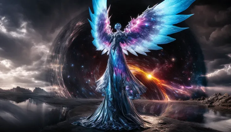 High energy life-form born from cosmic rays, transparent with vibrant pure energy, large wings, and a robe coat, leaking iridescent light, background ominous spiral black hole, electromagnetic discharge, dark clouds, galaxy, delicate and dynamic textures, ...