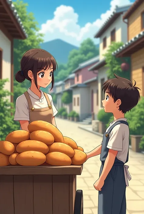 A woman selling her bread and A Man seeing her bread anime