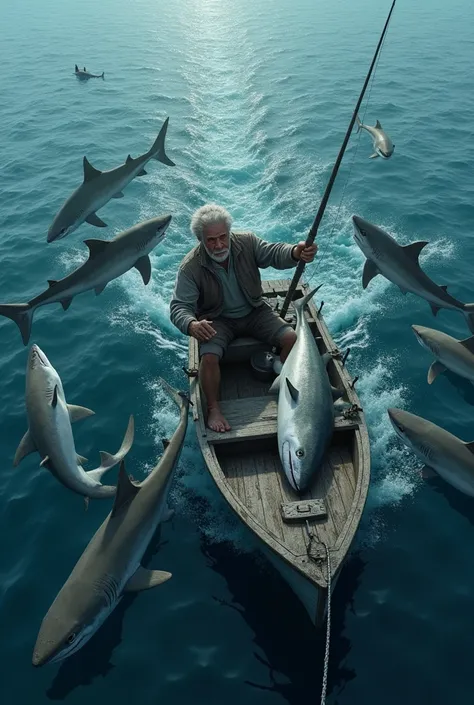 Sharks surrounding a small boat where an old man is fishing and caught a big fish