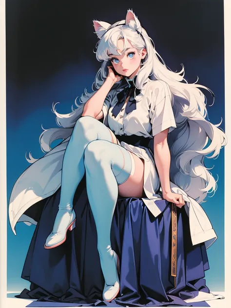 (best quality, masterpiece:1.2), illustration by hajime sorayama, perfect body, hyperfeminine curves, (detailed eyes), (deteailed face), woman, long white hair, bangs, ponytail, cat ears, cat tail, light blue eyes, pale skin, curvy, high fashion outfit, kn...