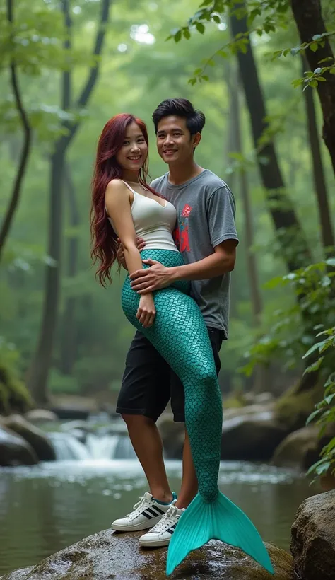 An Indonesian youth wearing a t-shirt with cosplay written on it, wearing adidas shoes, carrying a beautiful mermaid with big breasts in front. in the middle of the forest next to the river. realistic photo. photo taken from a distance. Photo smiling facin...