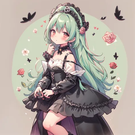 chibi、lime background、black clothes、long sleeves with flared cuffs、shoulders are exposed、one piece flare skirt、holding a stuffed...