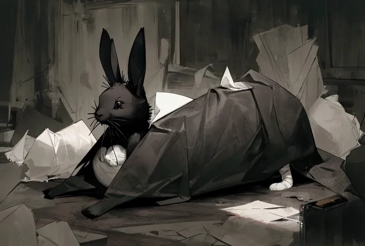  A worn out black stuffed rabbit in a dark room, bandage, Pain Sad Night 