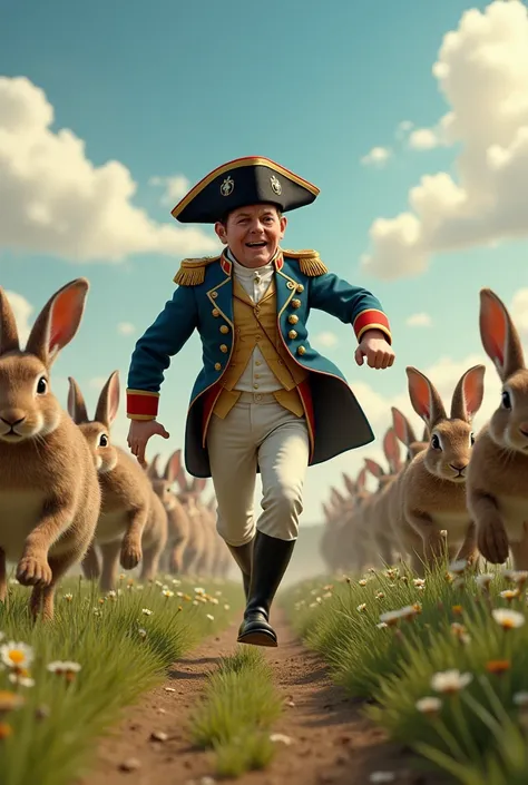 "Create an image of Napoleon Bonaparte, dressed in his traditional military uniform, running desperately in a countryside landscape. Around her, a horde of hungry rabbits is advancing towards you. The scene should be a mix of humor and action, with Napoleo...