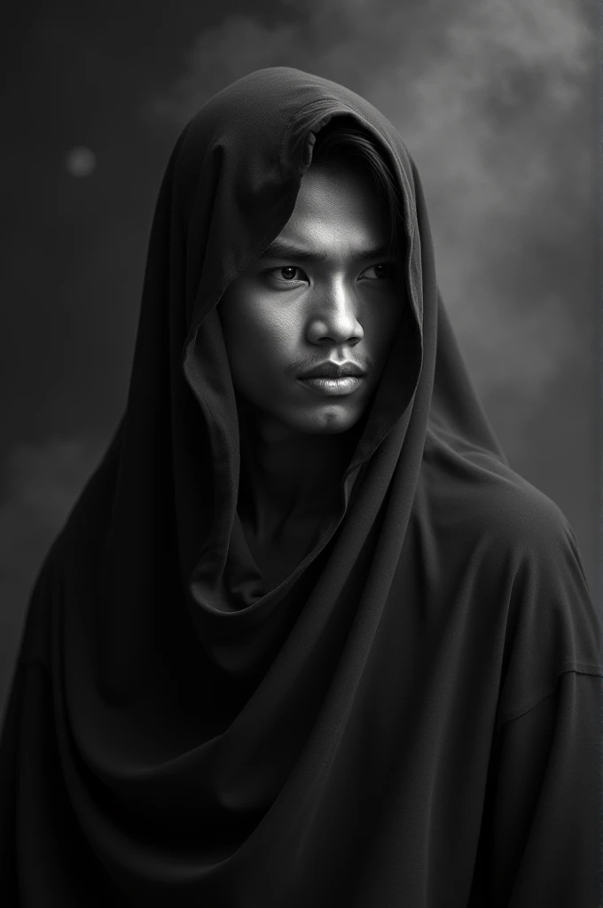 A professional, black and white photograph of a young handsome Indonesian man, enveloped in a shroud-like material. He is standing against a dark background. Semi-profile view. The shroud is billowing and has a smoky texture. The man appears to be merging ...