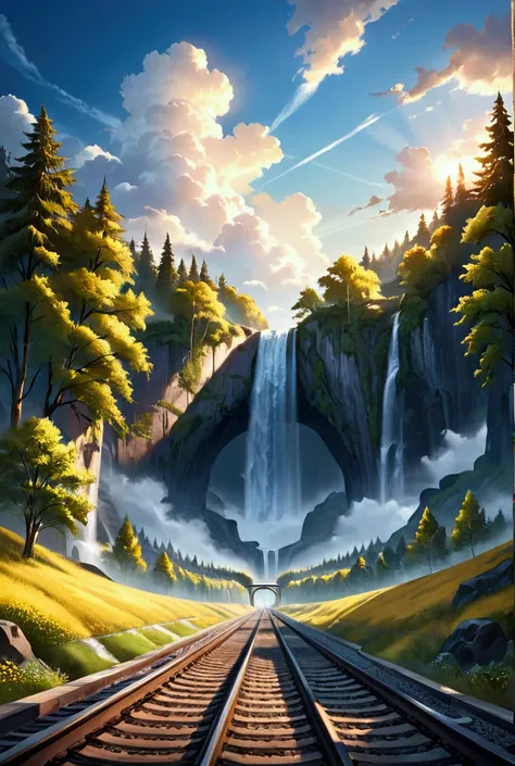 railway next to a beautiful waterfall with trees, yellow sky with large clouds