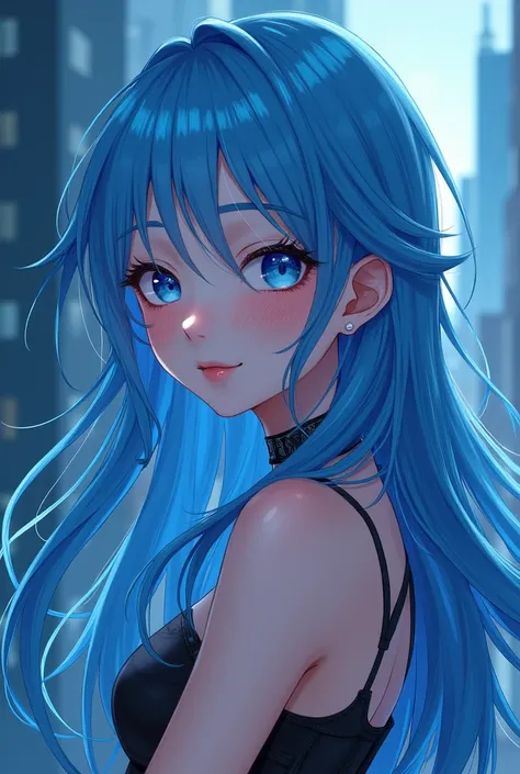 Girl, Solo, Breasts, Long Hair, Blue eyes, Very Long Hair, High Resolution, Large breasts, Blush, Smile, Simple background, Anime, Anime Style, cyberpunk city blue, nude girl