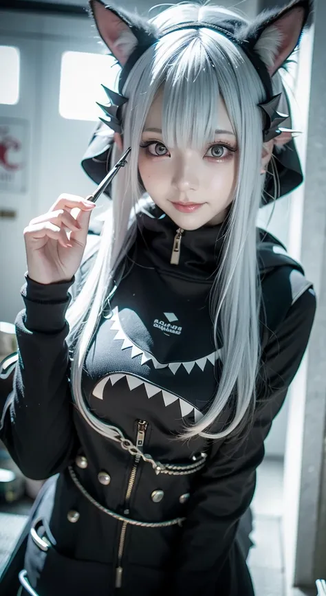 "create a high-resolution, hyper-realistic close-up of an anime girl wearing a shark hoodie with a toothy grin. the hoodie shoul...