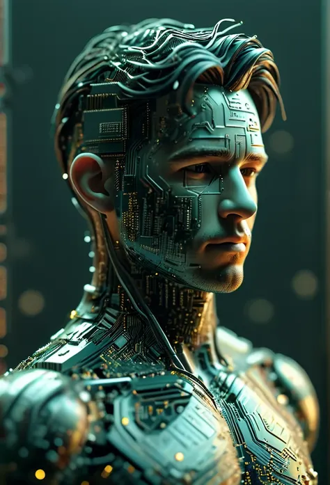 isometric style circuitboard of a handsome man's bust made from circuitboard, ((focus))