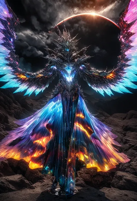 High energy life-form born from cosmic rays, transparent yet very vibrant colors of pure energy, large wings, and a robe coat, leaking iridescent light, background ominous spiral black hole, electromagnetic discharge, dark clouds, galaxy, delicate and dyna...