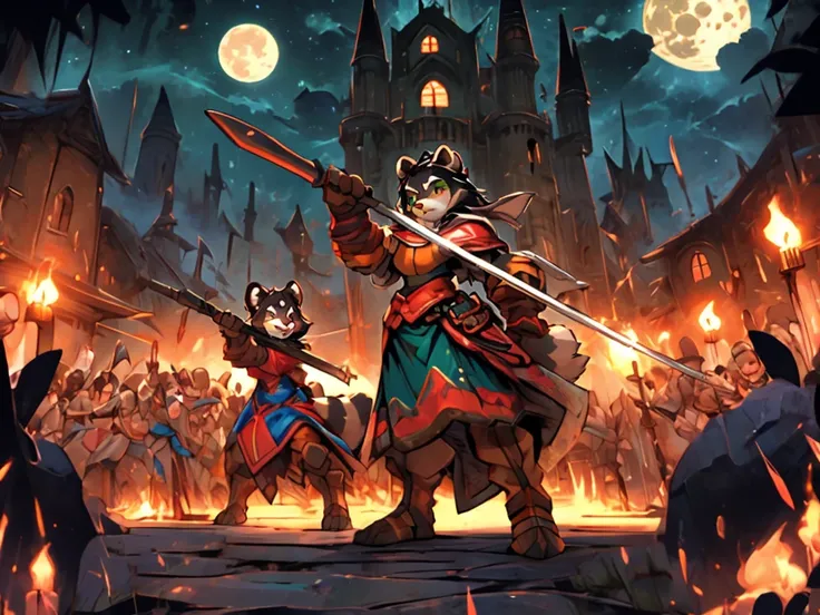 full body, battle ground background、full moon, A female raccoon, custom armor, night, medieval castle, very detailed, masterpiece, ultra resolution, perfect quality ,vivid colors,determined expression, strong shadows,majestic, dark atmosphere, green eyes, ...