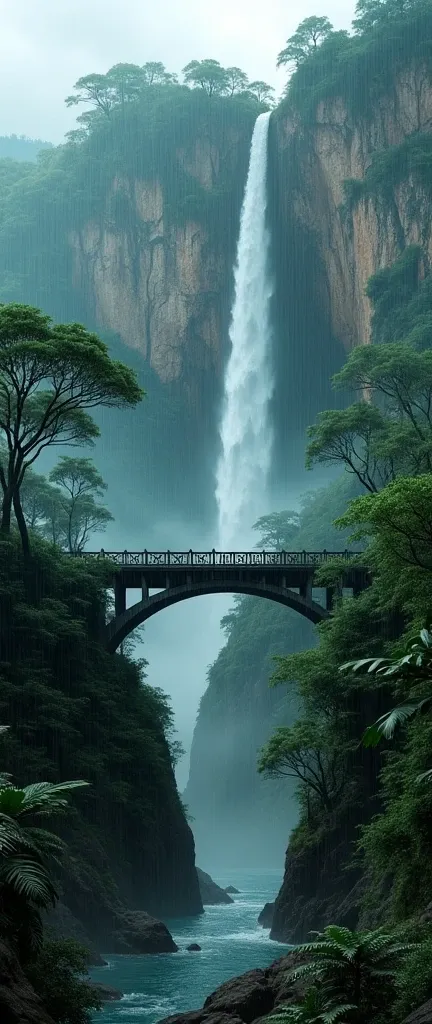 Raining in the deep jungle park heavily . Waterfall . Wide angel . Hill . Bridge.