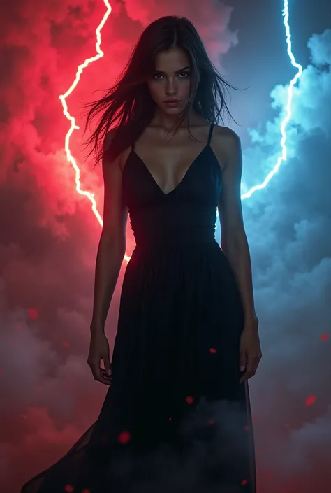 Make a a young woman wearing black classy dress fierce facing front up to chest photo background is red and blue clouds and red thunder and blue thunder Red effect shadow