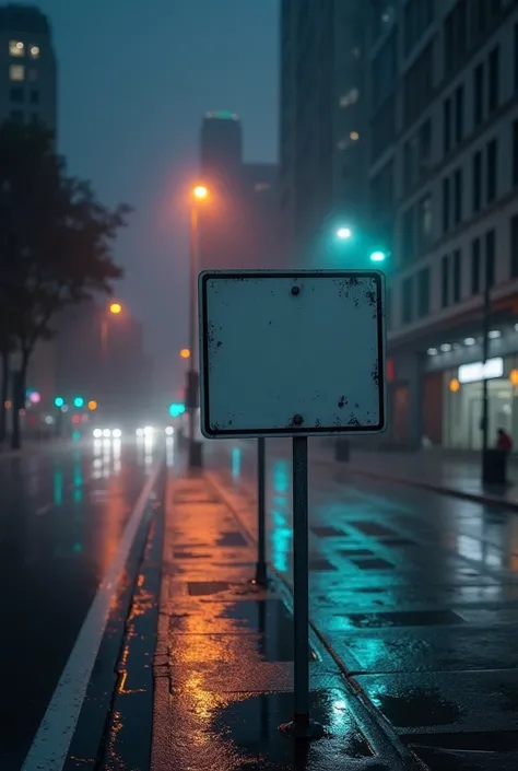 A non-photorealistic image of a blank street traffic sign, positioned on the right side of the scene, about 3 meters away from the camera. The sign is completely clean, with no text or designs, and is slightly weathered. Its nighttime, and its raining, wit...