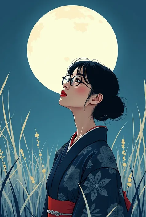 Photo quality、Beautiful girl with glasses、Gazing at the full moon alone in a yukata、Susuki、interesting、Flat Color、Bold Pose