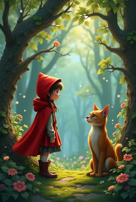 Little Red Riding Hood, Talking to Puss in Boots in the middle of an enchanted forest 