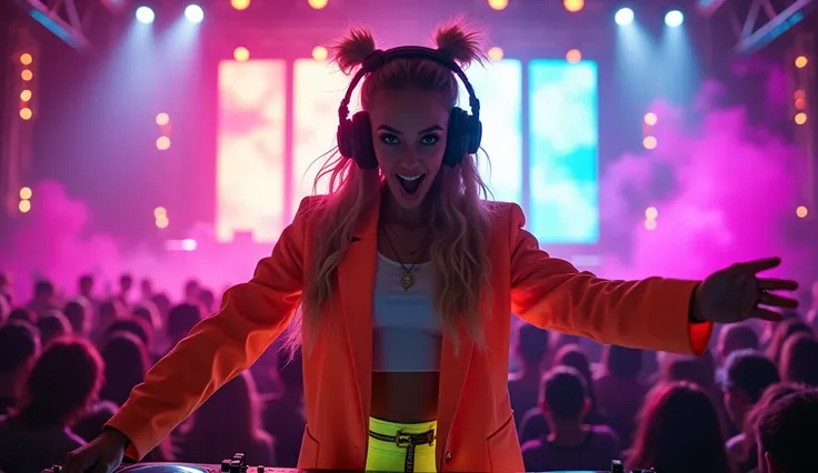 (best quality)), ((super detailed)), ((masterpiece)), photo,(girl DJ with headphones and microphone:1.4), neon suit, performing at a vibrant (music festival:1.2) with (energetic crowd:1.1) and (colorful stage lights:1.1), front view