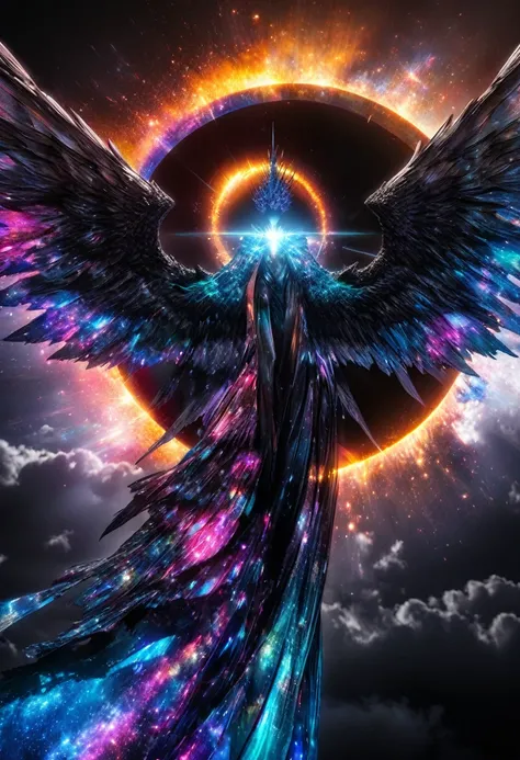 High energy life-form born from cosmic rays, transparent yet very vibrant colors of pure energy, large wings, and a robe coat, leaking iridescent light, background ominous spiral black hole, electromagnetic discharge, dark clouds, galaxy, delicate and dyna...