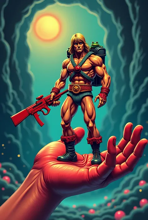 (masterpiece) Flat American Traditional Tattoo style illustration of a floating severed red hand, holding a frog action figure with a red gun, hull, two Scuba Tanks on the back: He-man vinyl figure type from the 80s (toy). Include elements of sorcery, good...