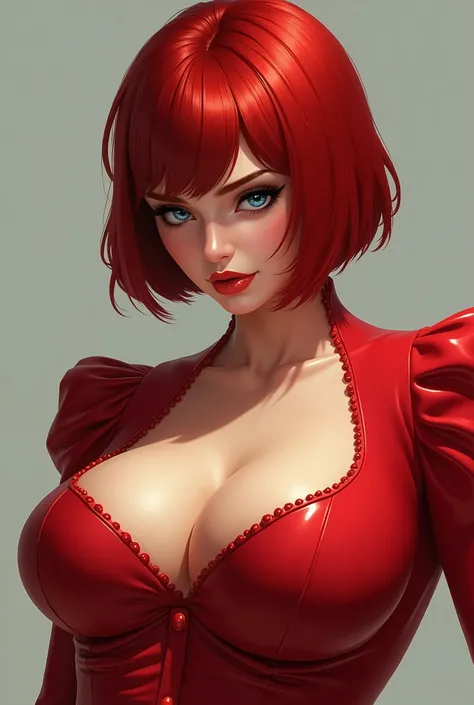 Create the image of a red-haired woman with blue eyes, big breasts, short hair and a low-cut red outfit
