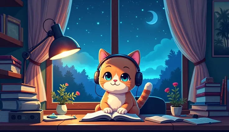 A cute cat wearing headphone sitting on desk in the bedroom, reading books, in the style of the stars art group (xing xing), pixel art, emotional and dramatic scenes, nightcore, cyan and black, richly colored skies, windows vista.