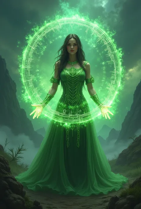 A powerful spell to create a magical protective barrier.., Woman, using green magic, to summon a magic shield, perfect for a fantasy world.