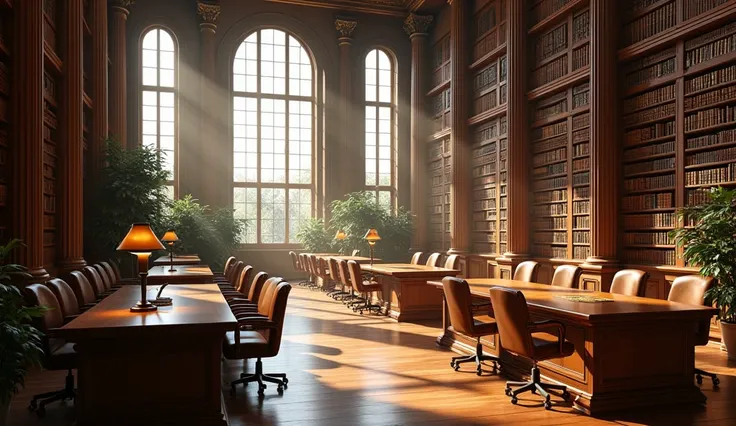 A grand library room with tall wooden bookshelves filled with old leather-bound books, large arched windows letting in bright sunlight that casts soft shadows on the wooden floors. In the center, there are long wooden tables with vintage lamps, surrounded ...