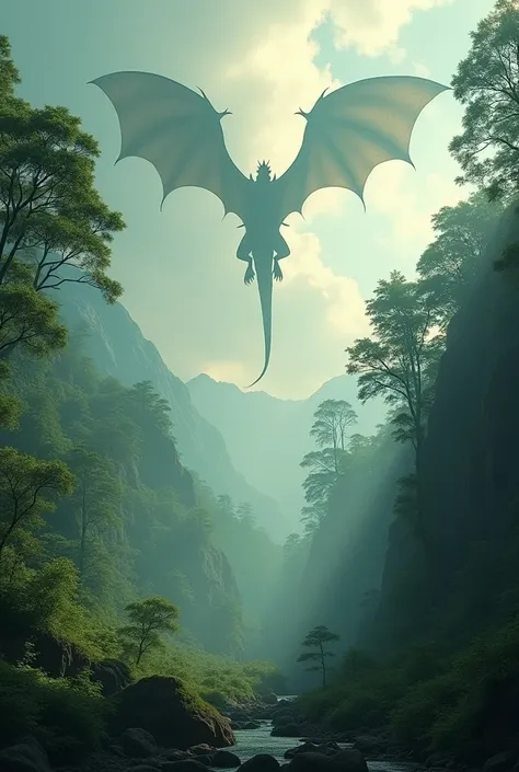 Forest and a dragon that can be seen in the sky far away ,  that the image is seen as a story