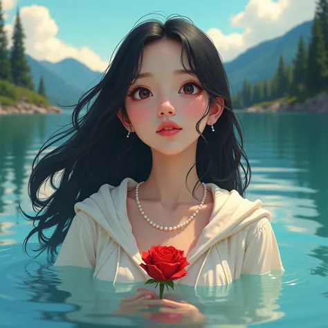 Realistic cinematic close-up photo Cinematic composition of a romantic acrylic painting style painting of a serene young woman with flowing black hair. cinematic She is floating on the water with her eyes open and smiling, wearing a delicate white hoodie a...