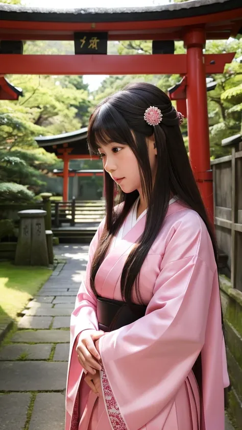 goddess　Princess Konohana　Long Hair、pink　Shrine maiden　The face is facing forward、両手にpinkのクリスタルのハートを持っている、The background is a torii gate