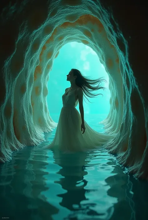 Imagine a vast, surreal interior of a demonic gastropod’s stomach, designed with translucent and gelatinous walls that shimmer with a bio-luminescent glow. Inside, a woman, Mimi, is depicted floating amidst this eerie, otherworldly environment. She appears...