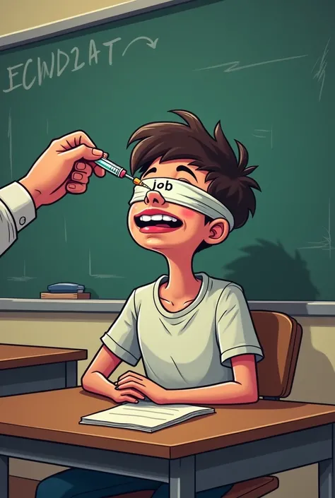 An image of student blind folded sitting in desk and teacher injecting injection in head written job in injection. Make it look like cartoon not so realistic 