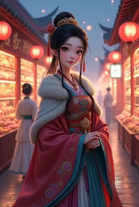 An ancient Chinese style woman under the night sky in a traditional lively Asian market，Wool cloak, Tang Dynasty queen&#39;s clothing, jewelry, gold hairpin and tassels on her head。big and bright eyes，Colorful clothing，Lots of details，Contains exquisite em...