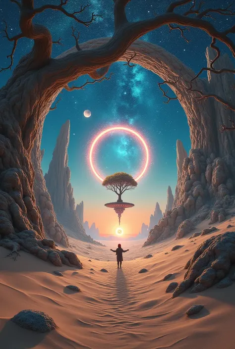 Create a wide-angle, low-view shot of a surreal, dreamlike landscape. The foreground reveals sweeping sand dunes with intricate, twisted trees forming a large circular portal. Through this portal, a distant, fantastical world unfolds, featuring a massive, ...