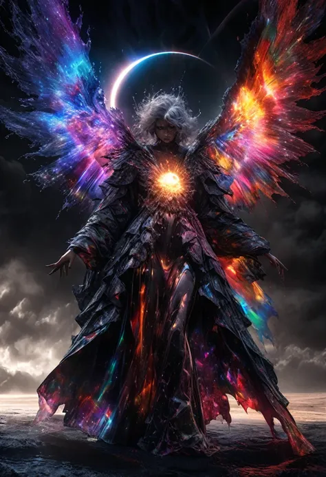 High energy life-forms born from cosmic rays, transparent yet very vibrant colors of pure energy, large wings, and a robe coat, leaking iridescent light, background ominous spiral black hole, electromagnetic discharge, dark clouds, galaxy, delicate and dyn...