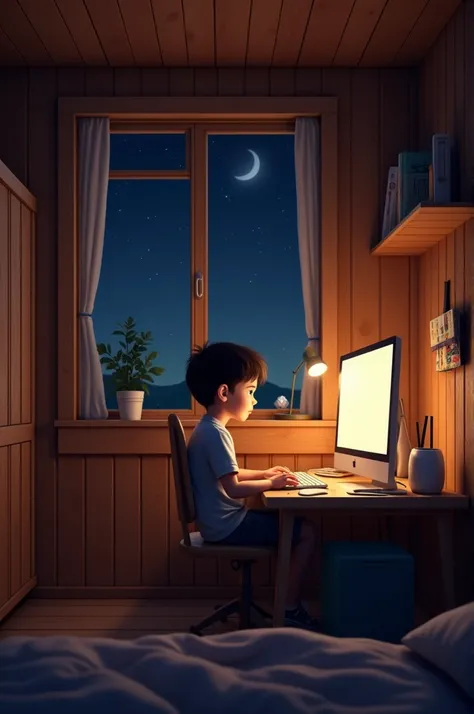 A beautiful wooden bedroom. A boy working in computer in midnight.