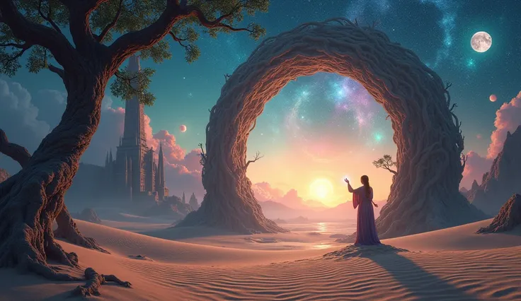 Create a wide-angle, low-view shot of a surreal, dreamlike landscape. The foreground reveals sweeping sand dunes with intricate, twisted trees forming a large circular portal. Through this portal, a distant, fantastical world unfolds, featuring a massive, ...