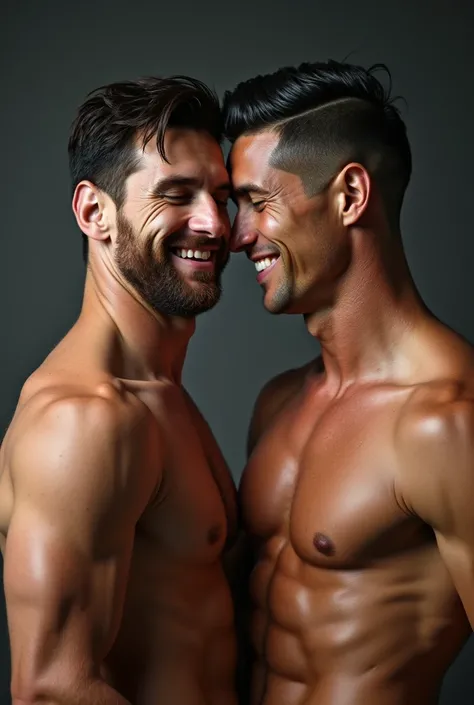 Messi and Cristiano Ronaldo, naked, next to each other, smiling and looking at each other&#39;s penis lumps