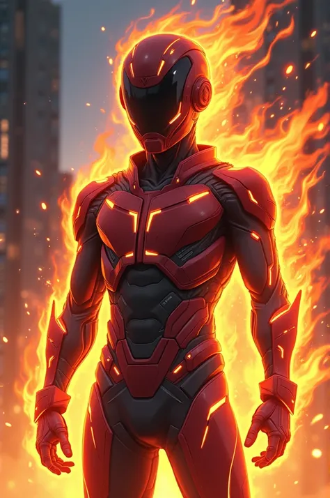 A boy er  he wearing  technology suit and face mask full body front view power of fire anime character 
