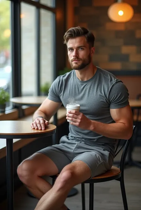 A man wearing grey shorts, casual shoes and a tight t-shirt sitting in a cafe drinking coffee 