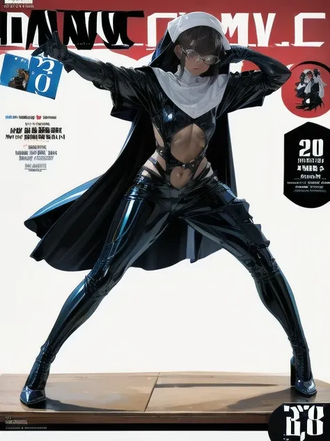 (Cover comic magazine:1.6)，25 yo girl, dark skin, white hair, wearing glasses,medium breast, very short denim, full body shot, nun outfit, black outfit,fighting pose, grab a sword