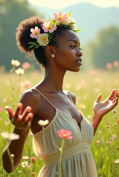 A serene young woman of African descent stands gracefully in a sun-drenched meadow, adorned only with delicate flowers woven into her hair. Her skin glows warmly against the vibrant greens and soft pastels of nature. The subtle hints of her surroundings em...