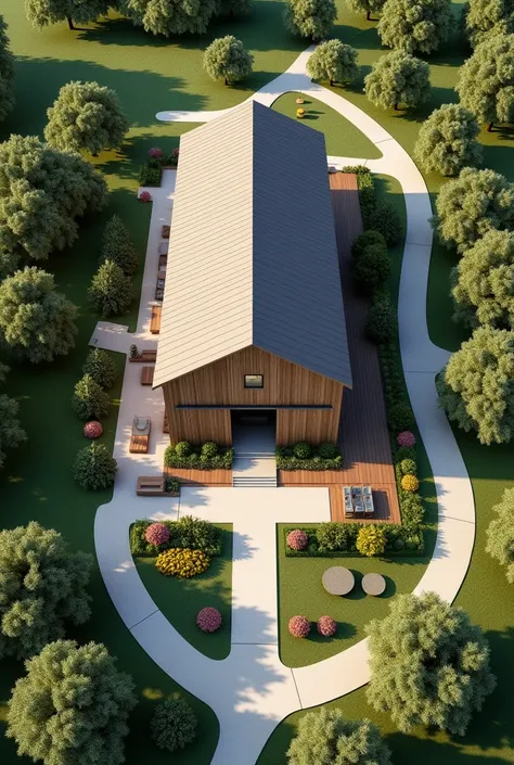 Generate me a site developement plan using an aerial perspective with a big gambrel roof barn but make the site development a little bit modern with trees and pathways