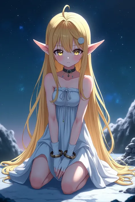 Night sky，Golden long hair elf anime girl，Put on long white gloves，innocent eyes，handcuffs，Slave collar，Kneeling on the ground